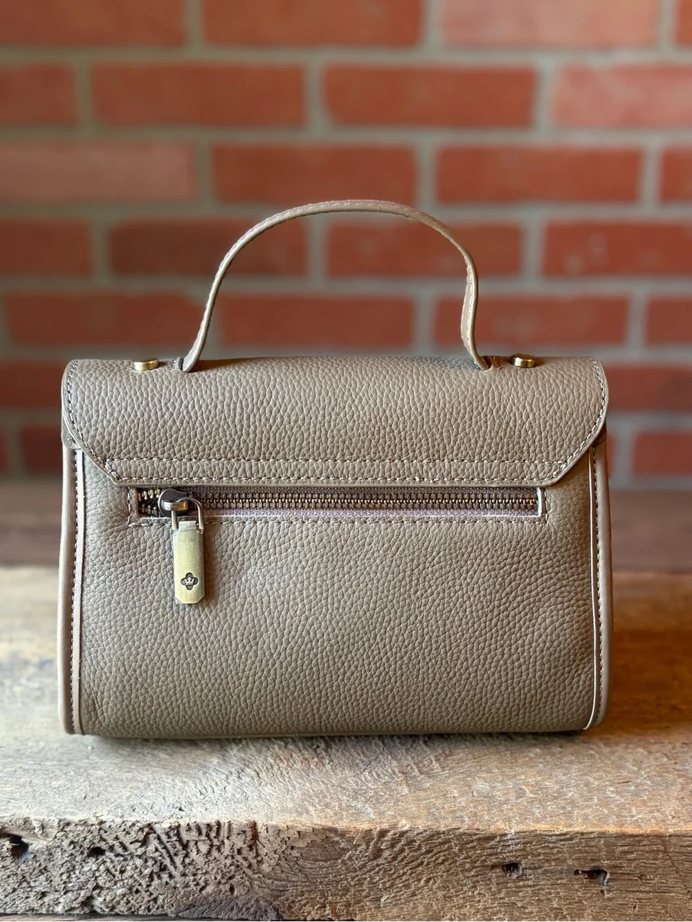 Luxury Style Top Handle Bag - Taupe Leather Purse with Custom Logo & Bear Tag